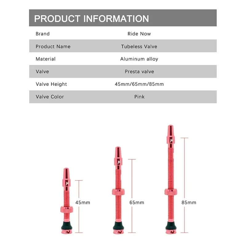 RideNow Tubeless Valve Kit Pair 65mm/85mm Pink/Black 3